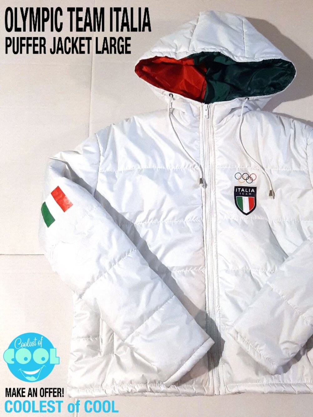 Olympic Team Italia puffer jacket size large white Italy flag olympics NWT